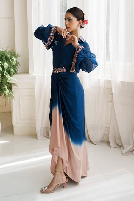 Buy_House Of Anmol Jain_Blue Organza, Satin Sequins, Embroidery Indrani Hand Shirt With Draped Skirt _Online_at_Aza_Fashions