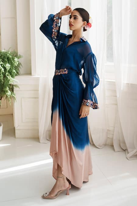 Shop_House Of Anmol Jain_Blue Organza, Satin Sequins, Embroidery Indrani Hand Shirt With Draped Skirt _Online_at_Aza_Fashions
