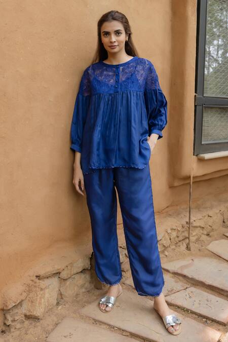 Buy Ayaka Blue Silk Organza, Viscose Embroidery Round Neck Polly Floral Thread Yoke Top Buy_Ayaka_Blue Silk Organza, Viscose Embroidery Round Neck Polly Floral Thread Yoke Top