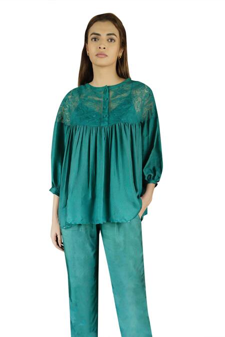Shop Ayaka Green Silk Organza, Viscose Embroidery Round Polly Floral Applique Yoke Top Shop_Ayaka_Green Silk Organza, Viscose Embroidery Round Polly Floral Applique Yoke Top