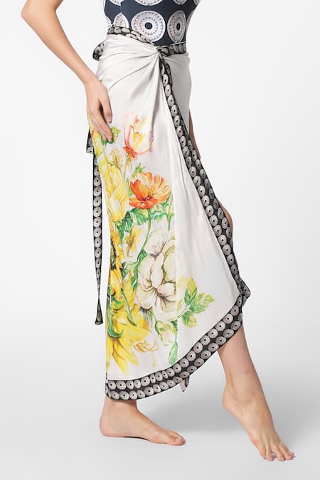 Shop Ekastories White Modal, Satin Floral Print Sarong Skirt Online at Aza Fashions Shop_Ekastories_White Modal, Satin Floral Print Sarong Skirt_Online_at_Aza_Fashions