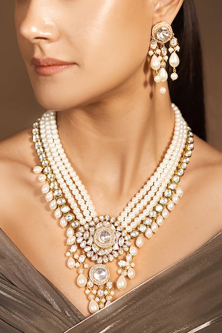 joules by radhika Chic Blossom Pearl & Kundan Long Necklace Set 