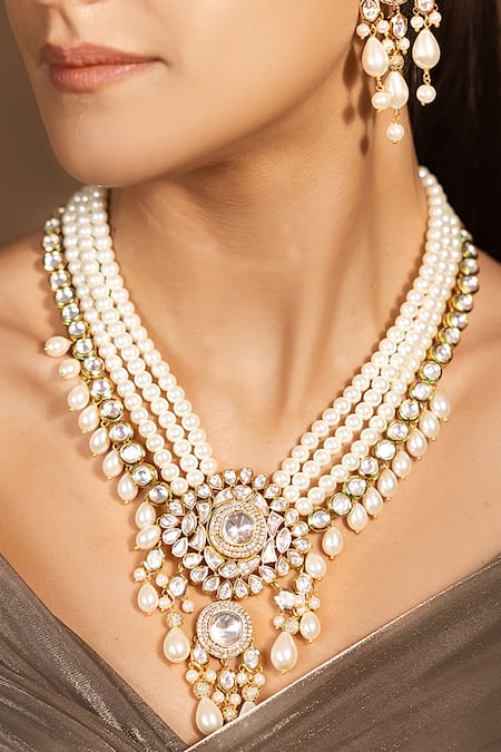 Shop Joules By Radhika White Pearls, Gota Patti Chic Blossom And Kundan Long Necklace Set at Aza Fashions Shop_Joules By Radhika_White Pearls, Gota Patti Chic Blossom And Kundan Long Necklace Set _at_Aza_Fashions