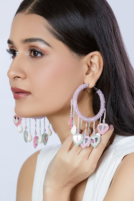 Nazaakat By Samara Singh_Green Beads, Mirrors Queen Of Hearts Embellished Hoops _at_Aza_Fashions