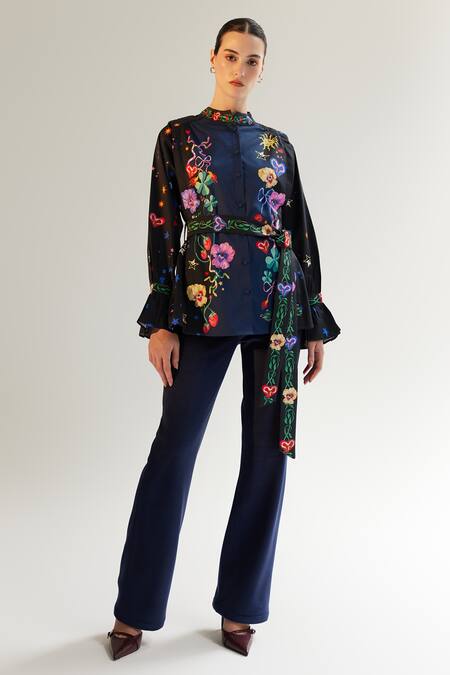 NOIB Blue Cotton Satin Embroidery Mandarin Vega Garden Of Eden Print Shirt With Belt at Aza Fashions NOIB_Blue Cotton Satin Embroidery Mandarin Vega Garden Of Eden Print Shirt With Belt _at_Aza_Fashions