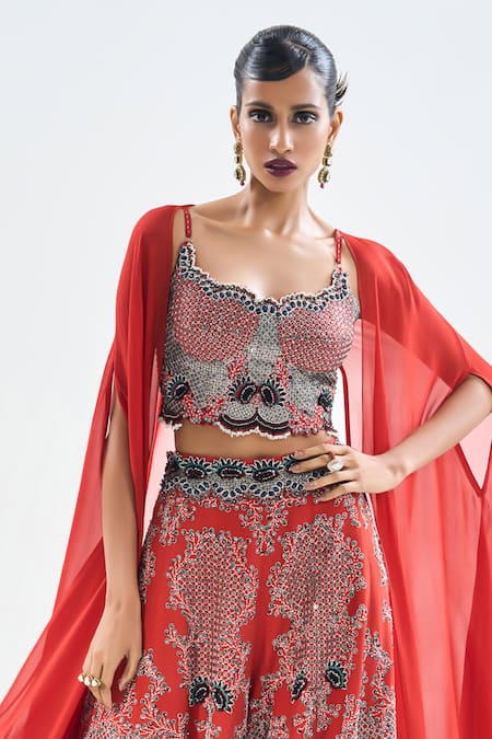 Nupur Kanoi Orange Crepe, Georgette Sequins, Beads, Embroidery Cape And Hand Sharara Set Online at Aza Fashions Nupur Kanoi_Orange Crepe, Georgette Sequins, Beads, Embroidery Cape And Hand Sharara Set _Online_at_Aza_Fashions