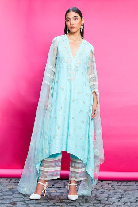 Priyanka Jain Blue Cotton Linen Embroidery Floral V Neck Kurta Pant Set 