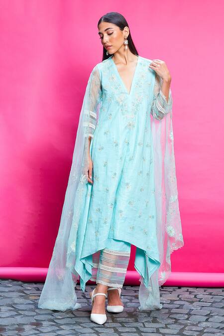 Buy Priyanka Jain Blue Cotton, Linen, Organza Embroidery, Pearls V-neck Floral Kurta Pant Set Online at Aza Fashions Buy_Priyanka Jain_Blue Cotton, Linen, Organza Embroidery, Pearls V-neck Floral Kurta Pant Set _Online_at_Aza_Fashions