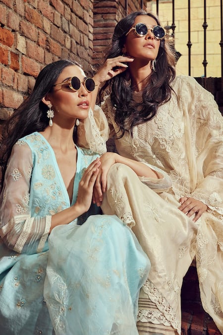Buy_Priyanka Jain_Beige Cotton, Linen, Organza Embroidery, Pearls Floral Straight Kurta Pant Set _Online_at_Aza_Fashions