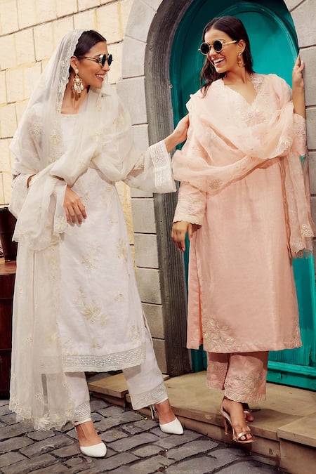 Shop_Priyanka Jain_Ivory Cotton, Linen Embroidery, Pearls Floral Bloom Straight Kurta Pant Set _Online_at_Aza_Fashions