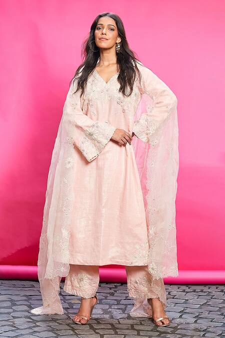 Buy Priyanka Jain Peach Cotton, Linen Embroidery V-neck Floral Bloom Kurta Pant Set Online at Aza Fashions Buy_Priyanka Jain_Peach Cotton, Linen Embroidery V-neck Floral Bloom Kurta Pant Set _Online_at_Aza_Fashions