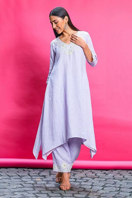 Buy_Priyanka Jain_Purple Cotton, Linen Embroidery V-neck Asymmetric Kurta With Pant _Online_at_Aza_Fashions