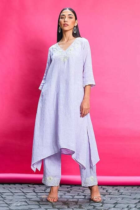 Shop_Priyanka Jain_Purple Cotton, Linen Embroidery V-neck Asymmetric Kurta With Pant _Online_at_Aza_Fashions