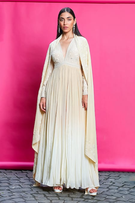 Buy_Priyanka Jain_Gold Crepe, Linen Embroidery V-neck Floral Ombre Dyed Anarkali With Dupatta _Online_at_Aza_Fashions