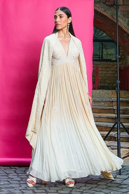 Shop_Priyanka Jain_Gold Crepe, Linen Embroidery V-neck Floral Ombre Dyed Anarkali With Dupatta _Online_at_Aza_Fashions