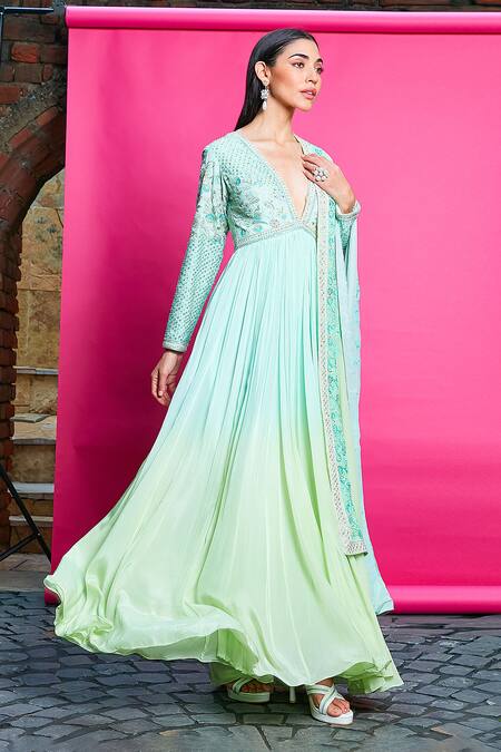 Shop_Priyanka Jain_Blue Crepe, Linen Embroidery, Sequins V-neck Floral Anarkali With Dupatta _Online_at_Aza_Fashions