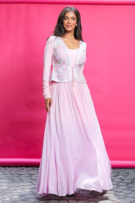 Priyanka Jain Purple Crepe, Linen Embroidery Scoop Neck, Round Floral Waistcoat With Anarkali Online at Aza Fashions Priyanka Jain_Purple Crepe, Linen Embroidery Scoop Neck, Round Floral Waistcoat With Anarkali _Online_at_Aza_Fashions