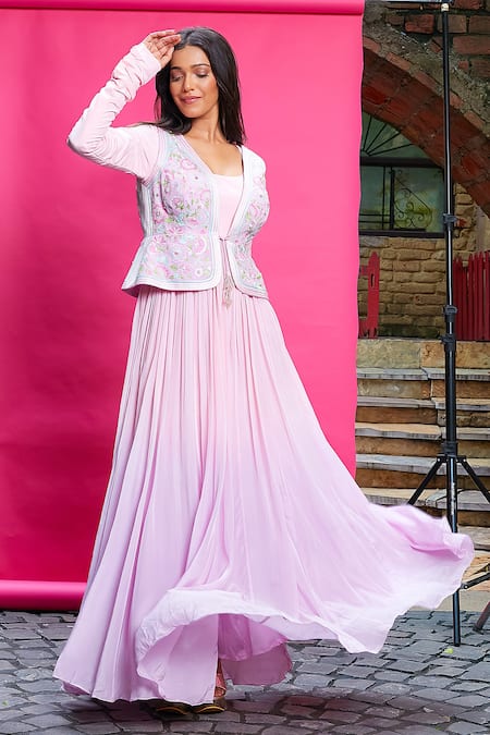 Buy Priyanka Jain Purple Crepe, Linen Embroidery Scoop Neck, Round Floral Waistcoat With Anarkali Online at Aza Fashions Buy_Priyanka Jain_Purple Crepe, Linen Embroidery Scoop Neck, Round Floral Waistcoat With Anarkali _Online_at_Aza_Fashions