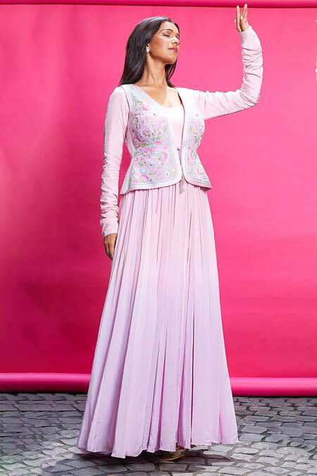 Shop Priyanka Jain Purple Crepe, Linen Embroidery Scoop Neck, Round Floral Waistcoat With Anarkali Online at Aza Fashions Shop_Priyanka Jain_Purple Crepe, Linen Embroidery Scoop Neck, Round Floral Waistcoat With Anarkali _Online_at_Aza_Fashions