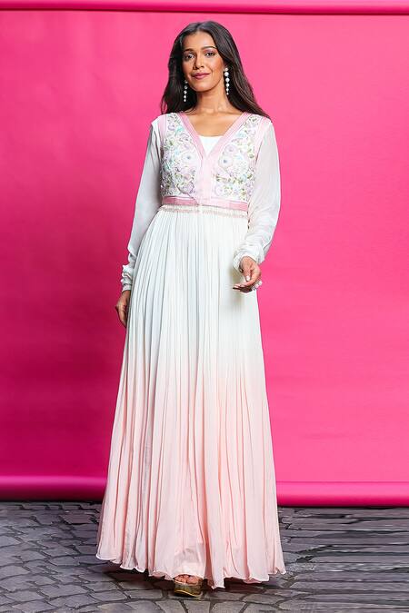 Priyanka Jain Pink Crepe Embroidery Scoop Neck, Round Ombre Anarkali With Floral Waistcoat Online at Aza Fashions Priyanka Jain_Pink Crepe Embroidery Scoop Neck, Round Ombre Anarkali With Floral Waistcoat _Online_at_Aza_Fashions