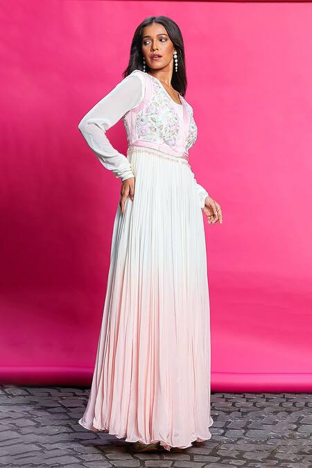 Buy Priyanka Jain Pink Crepe Embroidery Scoop Neck, Round Ombre Anarkali With Floral Waistcoat Online at Aza Fashions Buy_Priyanka Jain_Pink Crepe Embroidery Scoop Neck, Round Ombre Anarkali With Floral Waistcoat _Online_at_Aza_Fashions