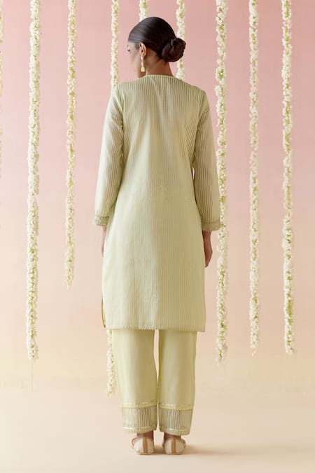 Shop Nero India Green Crepe, Chanderi Lace, Embroidery Square Neck Aari Kurta Set at Aza Fashions Shop_Nero India_Green Crepe, Chanderi Lace, Embroidery Square Neck Aari Kurta Set _at_Aza_Fashions