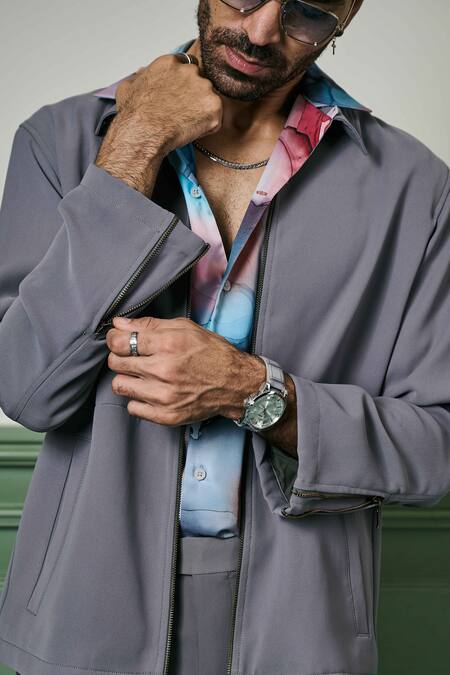 Buy Asuka Grey Lace Zip-up Plain Jacket With Pant Online at Aza Fashions Buy_Asuka_Grey Lace Zip-up Plain Jacket With Pant _Online_at_Aza_Fashions