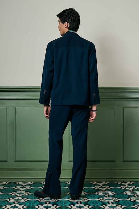 Shop Asuka Blue Lace Plain Zip-up Jacket With Pant at Aza Fashions Shop_Asuka_Blue Lace Plain Zip-up Jacket With Pant _at_Aza_Fashions