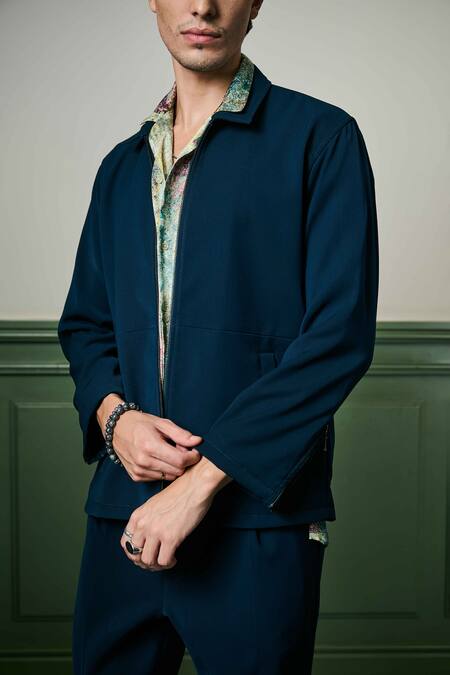 Buy Asuka Blue Lace Plain Zip-up Jacket With Pant Online at Aza Fashions Buy_Asuka_Blue Lace Plain Zip-up Jacket With Pant _Online_at_Aza_Fashions