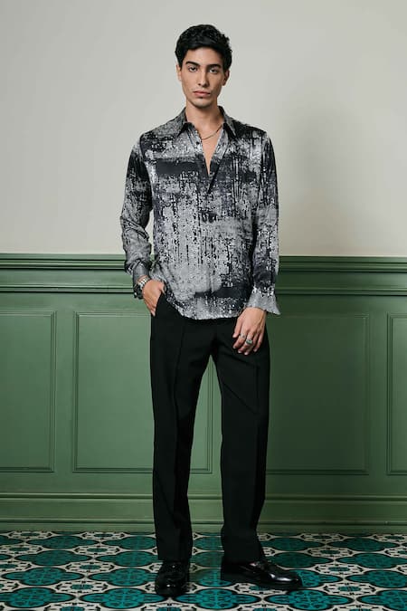 Asuka Black Habutai Silk Printed Abstract Eclipse Harmony Shirt 