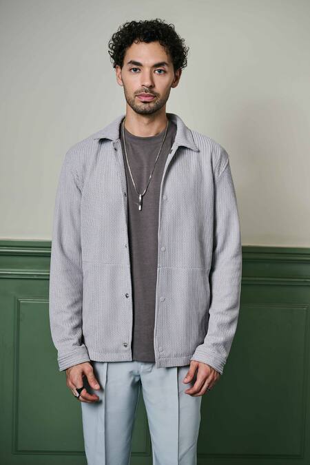 Shop_Asuka_Grey Cotton, Spandex Light Textured Knit Jacket _Online_at_Aza_Fashions