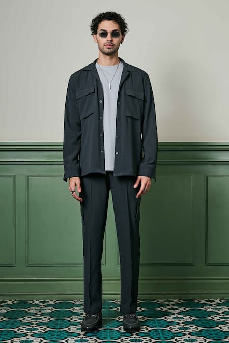 Asuka Grey Crepe Geometric Texture Jacket And Trouser Set Online at Aza Fashions Asuka_Grey Crepe Geometric Texture Jacket And Trouser Set _Online_at_Aza_Fashions