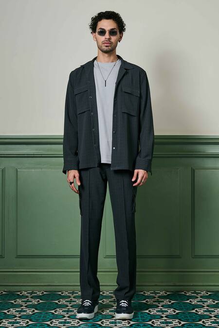 Shop Asuka Grey Crepe Geometric Texture Jacket And Trouser Set Online at Aza Fashions Shop_Asuka_Grey Crepe Geometric Texture Jacket And Trouser Set _Online_at_Aza_Fashions