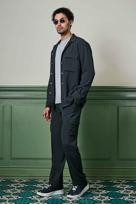 Asuka Grey Crepe Geometric Texture Jacket And Trouser Set at Aza Fashions Asuka_Grey Crepe Geometric Texture Jacket And Trouser Set _at_Aza_Fashions