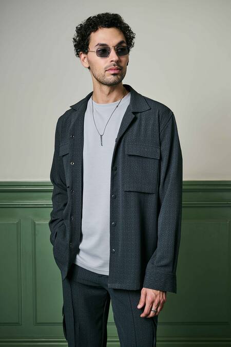 Shop Asuka Grey Crepe Geometric Texture Jacket And Trouser Set Shop_Asuka_Grey Crepe Geometric Texture Jacket And Trouser Set