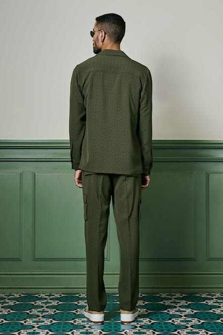 Shop Asuka Green Crepe Textured Jacket And Trouser Set at Aza Fashions Shop_Asuka_Green Crepe Textured Jacket And Trouser Set _at_Aza_Fashions