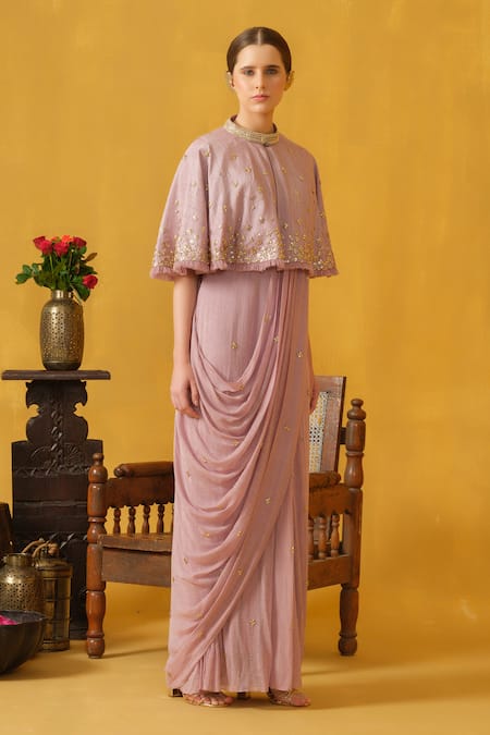 ABSTRACT BY MEGHA JAIN MADAAN Purple Binny Chiffon Embellished Diamond Sequins Pre-draped Saree With Cape 