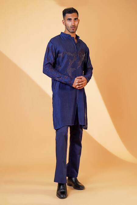 Shop Menero Blue Chanderi Silk, Cotton Cut Work Cutdana Emboidered Kurta And Pant Set Online at Aza Fashions Shop_Menero_Blue Chanderi Silk, Cotton Cut Work Cutdana Emboidered Kurta And Pant Set _Online_at_Aza_Fashions
