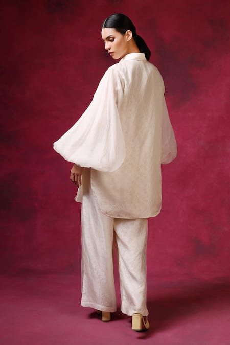 Shop_Shilpi Gupta_Ivory Organza Jacquard Embroidery Floral Collared Neck Resham Shirt With Pant _at_Aza_Fashions
