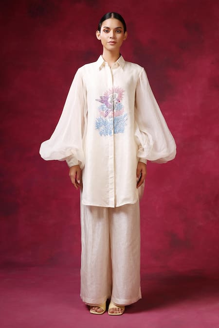 Buy_Shilpi Gupta_Ivory Organza Jacquard Embroidery Floral Collared Neck Resham Shirt With Pant _Online_at_Aza_Fashions
