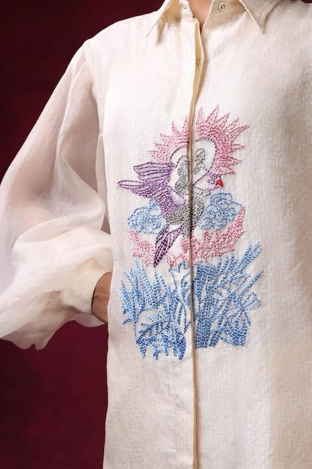 Shilpi Gupta_Ivory Organza Jacquard Embroidery Floral Collared Neck Resham Shirt With Pant _at_Aza_Fashions