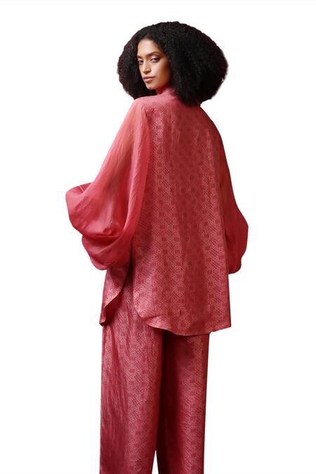Shop Shilpi Gupta Pink Organza Jacquard Embroidery Floral Ballon Sleeve Resham Shirt With Pant Online at Aza Fashions Shop_Shilpi Gupta_Pink Organza Jacquard Embroidery Floral Ballon Sleeve Resham Shirt With Pant _Online_at_Aza_Fashions