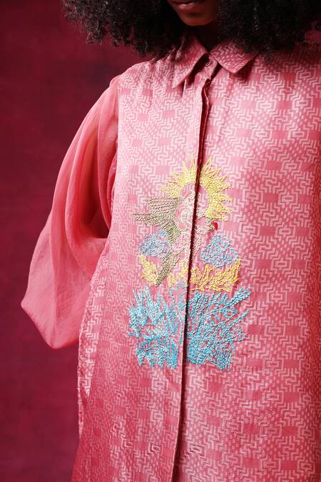 Shilpi Gupta_Pink Organza Jacquard Embroidery Floral Ballon Sleeve Resham Shirt With Pant _at_Aza_Fashions