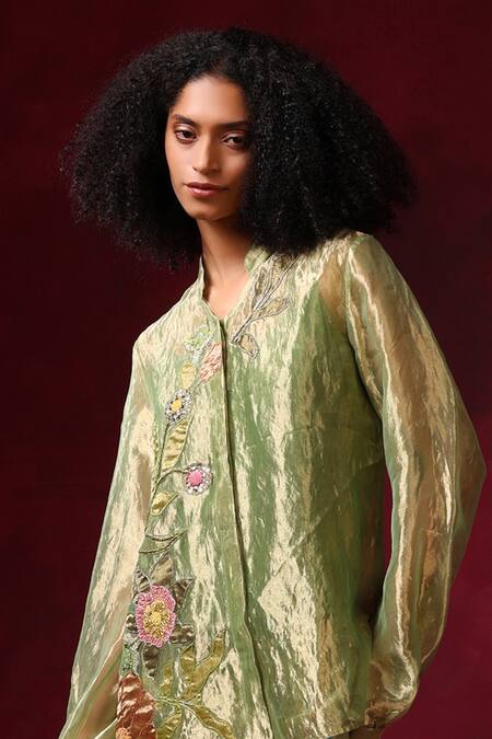 Shilpi Gupta_Green Silk Zari Tissue Embroidery Floral Collared Neck Bloom Shirt With Trouser _Online_at_Aza_Fashions