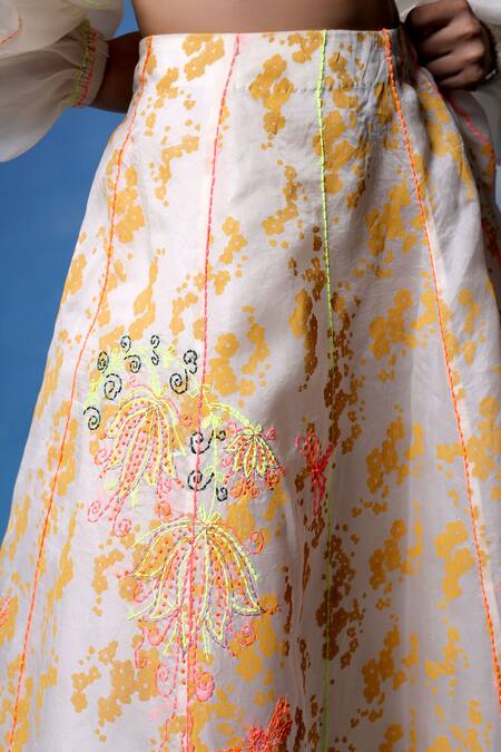 Buy_Shilpi Gupta_Ivory Satin, Organza Embroidery, Abstract Block Print Lehenga With Blouse _Online_at_Aza_Fashions