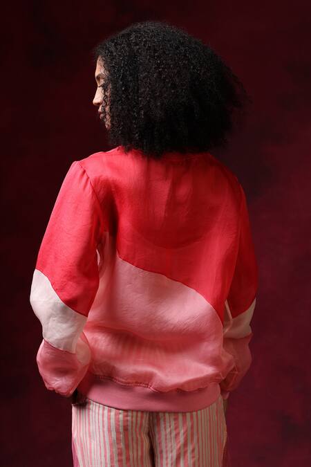 Shop_Shilpi Gupta_Pink Satin Organza Plain Round Neck Color Block Top _at_Aza_Fashions