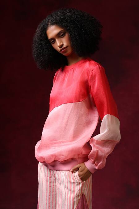 Shilpi Gupta_Pink Satin Organza Plain Round Neck Color Block Top _Online_at_Aza_Fashions