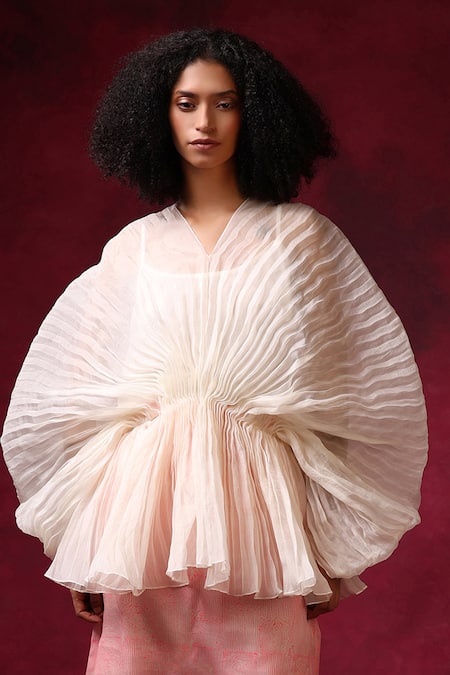 Shilpi Gupta_Ivory Silk Organza V-neck Pleated Top _Online_at_Aza_Fashions