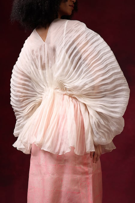 Buy_Shilpi Gupta_Ivory Silk Organza V-neck Pleated Top _Online_at_Aza_Fashions