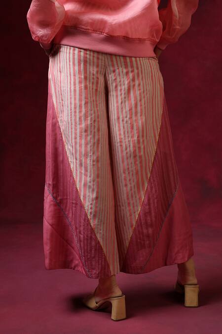 Shilpi Gupta_Pink Cotton Silk Embroidery Stripe Hand Block Print Trouser _Online_at_Aza_Fashions